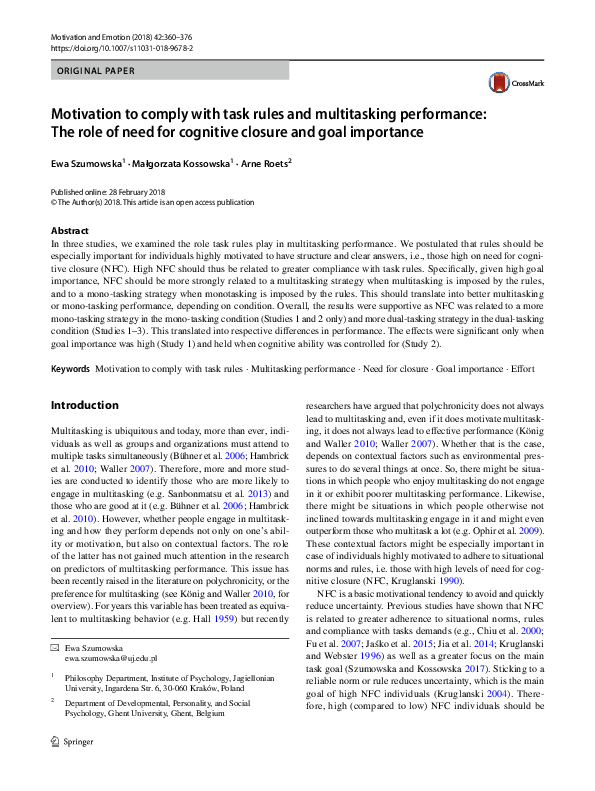 (PDF) Motivation to comply with task rules and multitasking performance ...