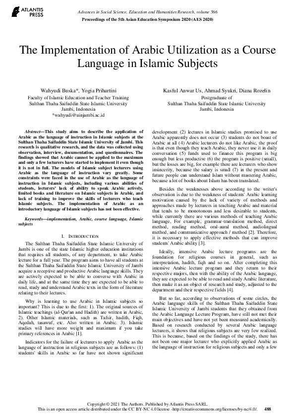 (PDF) The Implementation of Arabic Utilization as a Course Language in ...