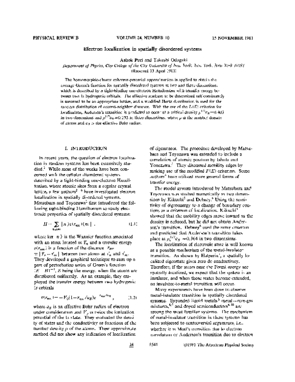 (PDF) Electron localization in spatially disordered systems