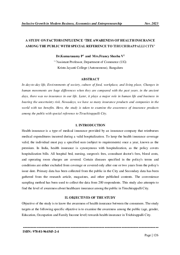 (PDF) A STUDY ON FACTORS INFLUENCE THE AWARENESS OF HEALTH INSURANCE