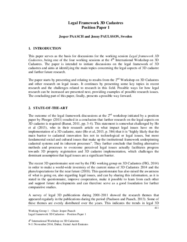 (PDF) Legal Framework 3D Cadastres. Position paper 1