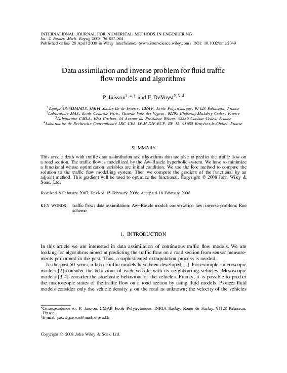 (PDF) Data assimilation and inverse problem for fluid traffic flow ...