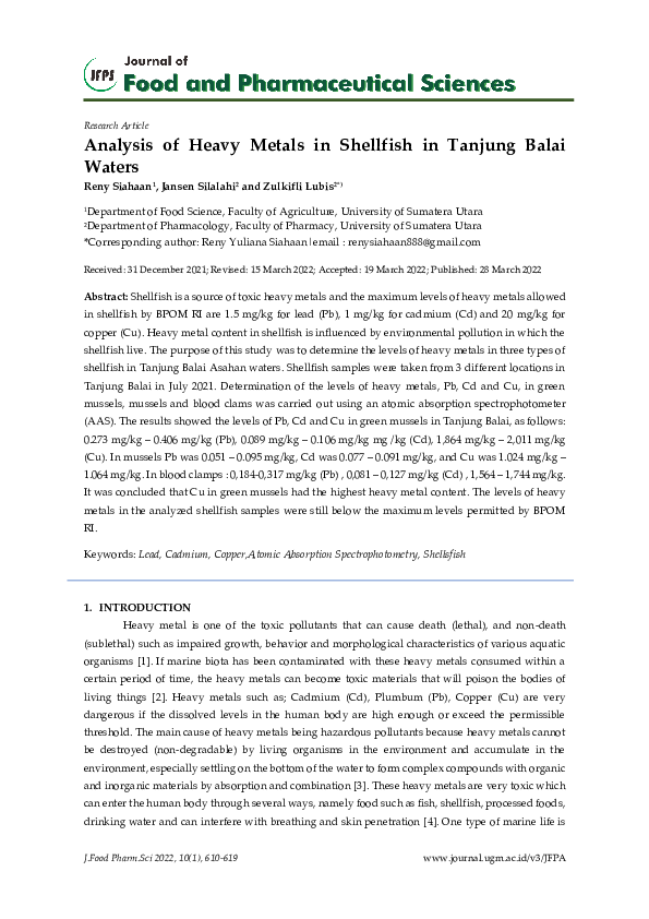 (PDF) Analysis of Heavy Metals in Shellfish in Tanjung Balai Waters