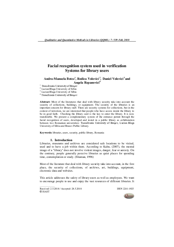 (PDF) Facial recognition system used in verification Systems for ...