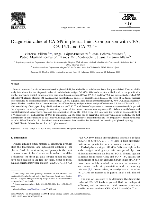 (PDF) Diagnostic value of CA 549 in pleural fluid. Comparison with CEA ...