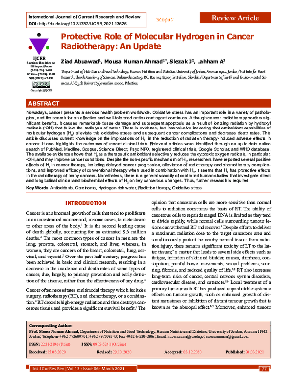 (PDF) Protective Role of Molecular Hydrogen in Cancer Radiotherapy: An ...