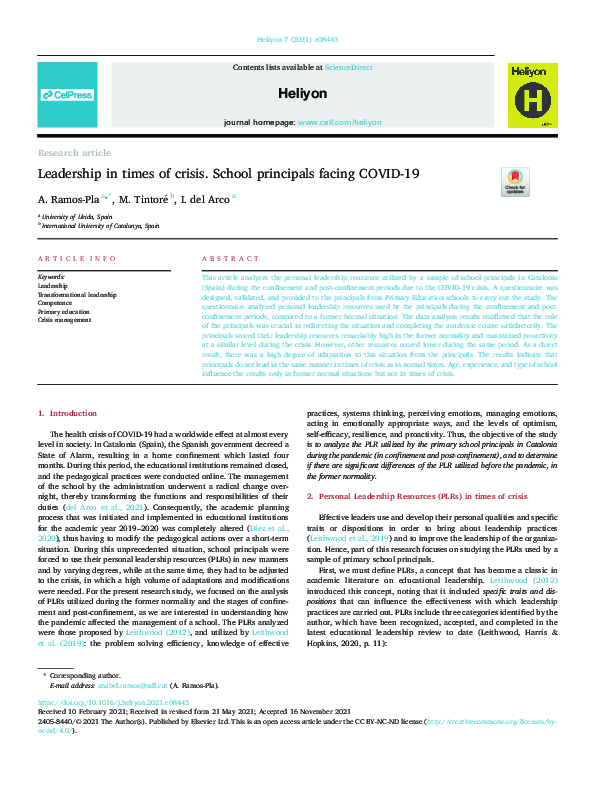 (PDF) Leadership in times of crisis. School principals facing COVID-19