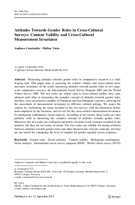 (PDF) Attitudes Towards Gender Roles in Cross-Cultural Surveys: Content ...