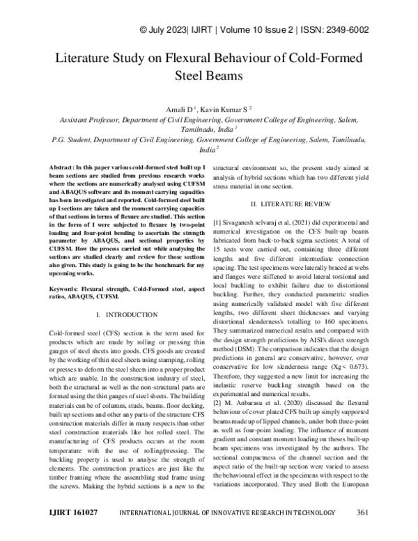 (PDF) Literature Study on Flexural Behaviour of Cold-Formed Steel Beams