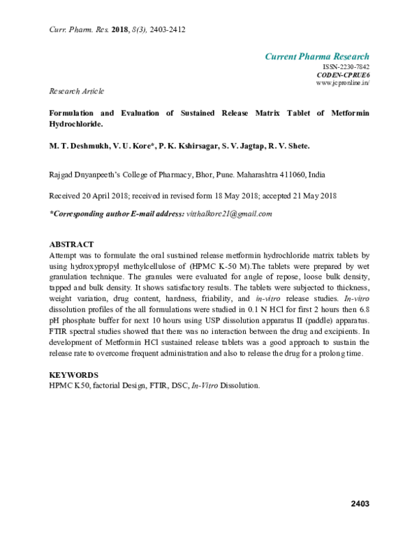 (PDF) Formulation and Evaluation of Sustained Release Matrix Tablet of ...