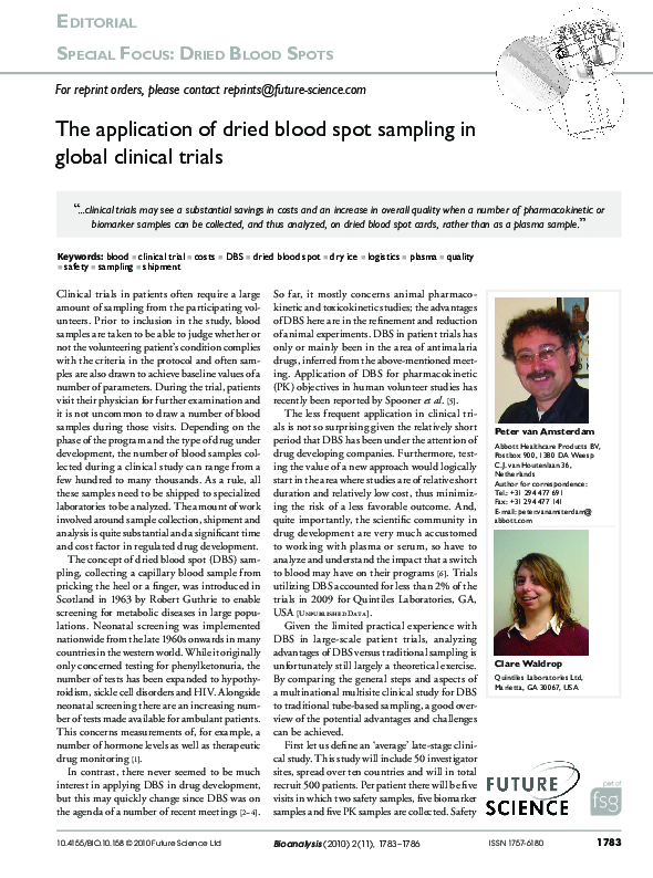 (PDF) The application of dried blood spot sampling in global clinical ...