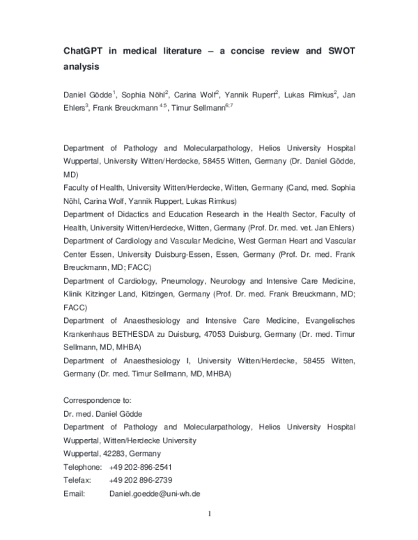 (PDF) ChatGPT in medical literature – a concise review and SWOT analysis