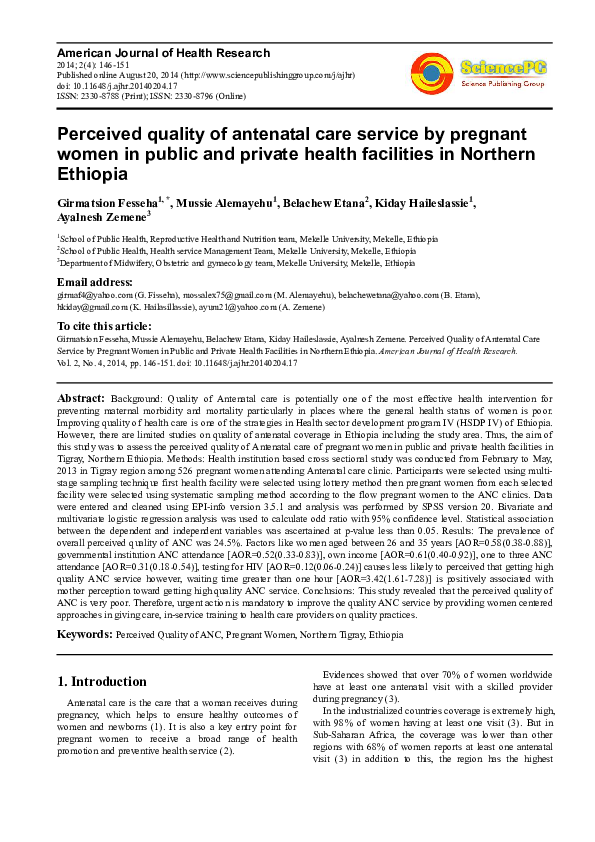 (PDF) Perceived Quality of Antenatal Care Service by Pregnant Women in ...