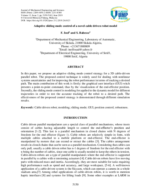 (PDF) Adaptive sliding mode control of a novel cable driven robot model