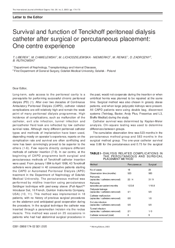 (PDF) Survival and Function of Tenckhoff Peritoneal Dialysis Catheter ...