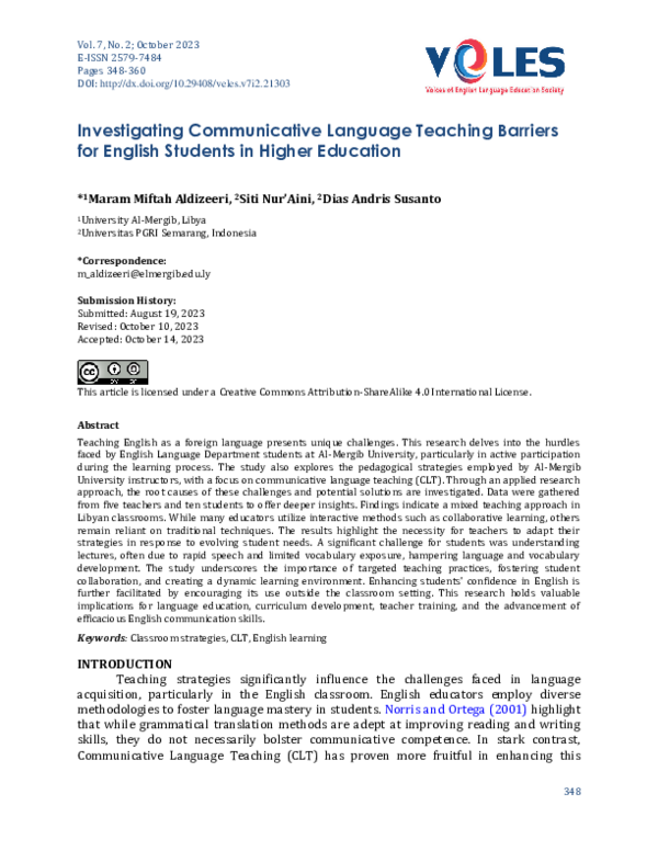 (PDF) Investigating Communicative Language Teaching Barriers for ...