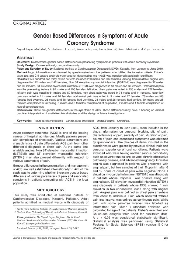 (PDF) Gender based differences in symptoms of acute coronary syndrome