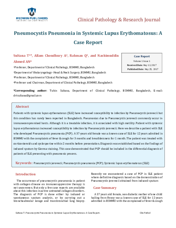 (PDF) Pneumocystis Pneumonia in Systemic Lupus Erythomatosus: A Case Report