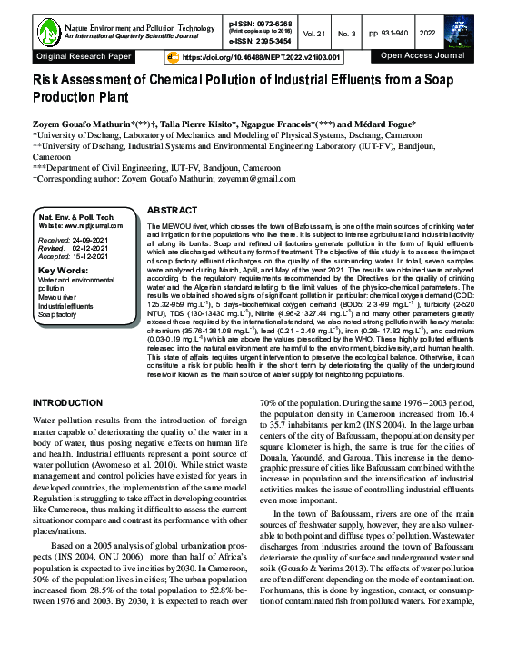 (PDF) Risk Assessment of Chemical Pollution of Industrial Effluents ...