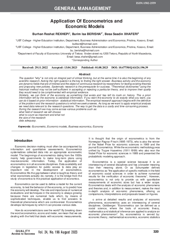 (PDF) Application Of Econometrics and Economic Models