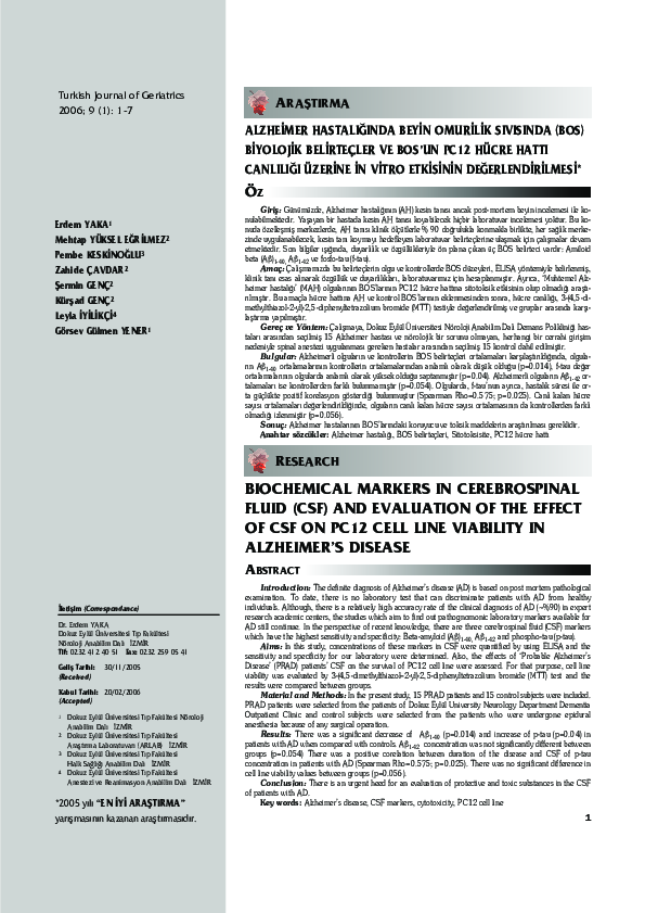 (PDF) Biochemical Markers in Cerebrospinal Fluid (CSF) and Evaluation ...
