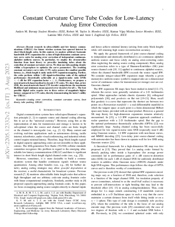 (PDF) Constant Curvature Curve Tube Codes for Low-Latency Analog Error ...