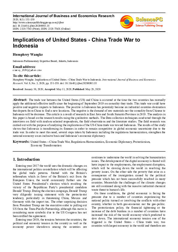 (PDF) Implications of United States - China Trade War to Indonesia
