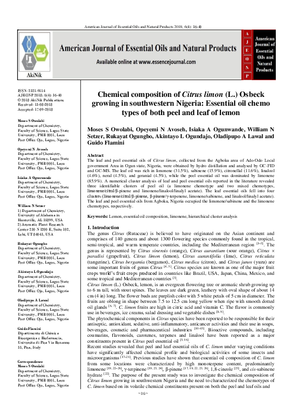 (PDF) Chemical composition of Citrus limon (L.) Osbeck growing in ...