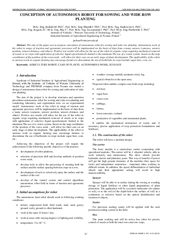 (PDF) Conception of Autonomous Robot for Sowing and Wide Row Planting