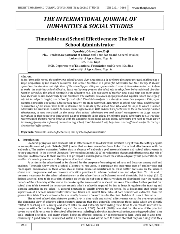 Pdf Timetable And School Effectiveness The Role Of School Administrator