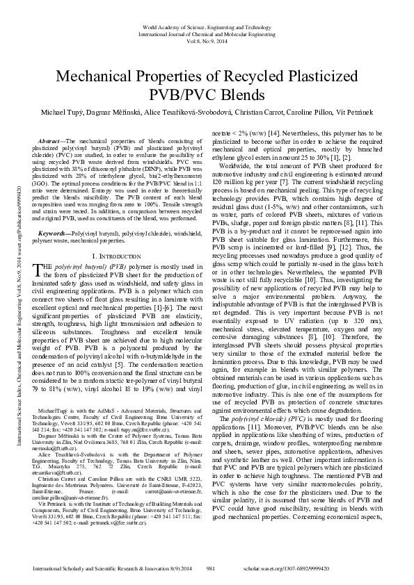 (PDF) Mechanical Properties of Recycled Plasticized PVB/PVC Blends