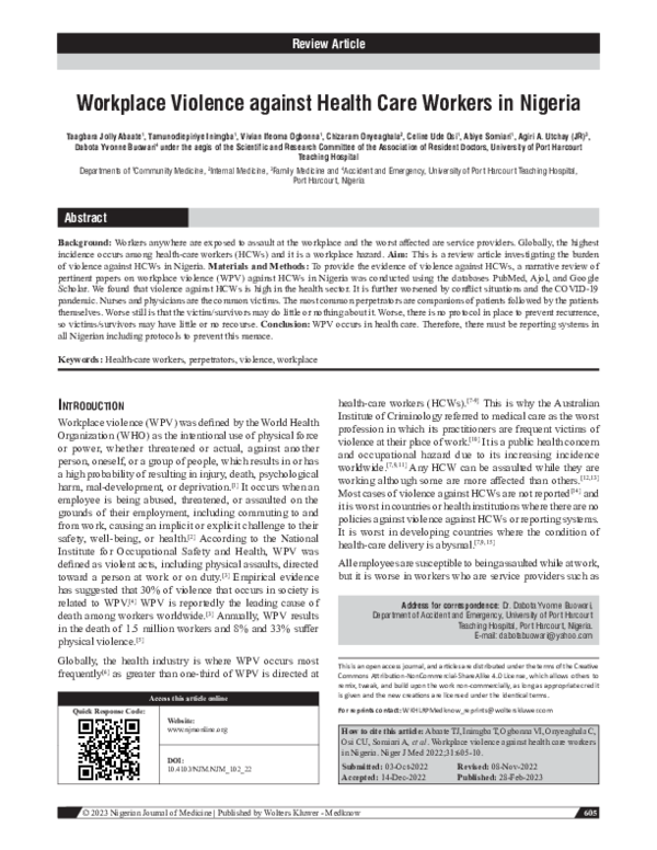 (PDF) Workplace violence against health care workers in Nigeria