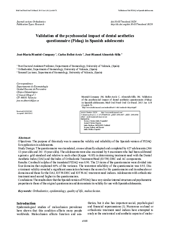(PDF) Validation of the psychosocial impact of dental aesthetics ...