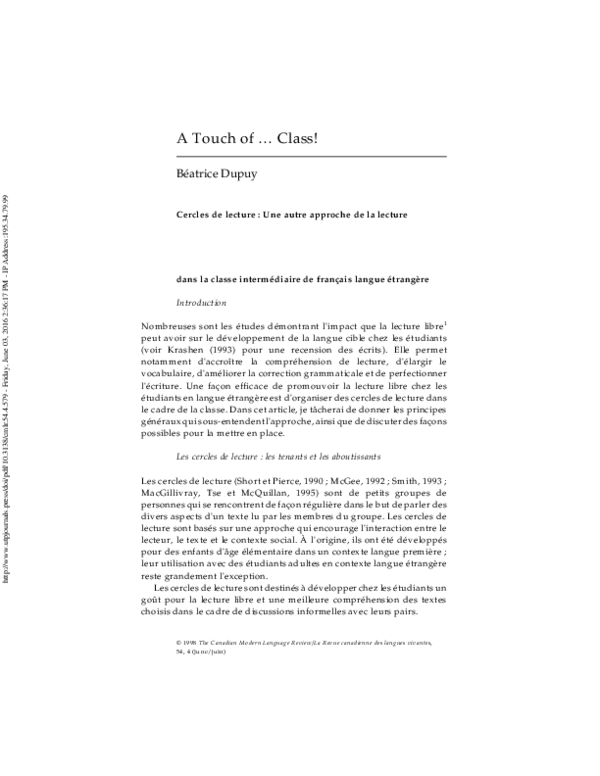 (PDF) Cercles de lecture : Une autre approche de la lecture dans la ...