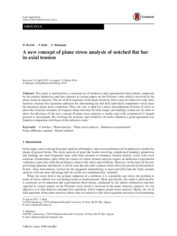 (PDF) A new concept of plane stress analysis of notched flat bar in ...