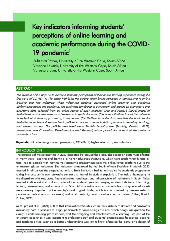 (PDF) Key indicators informing students’ perceptions of online learning ...