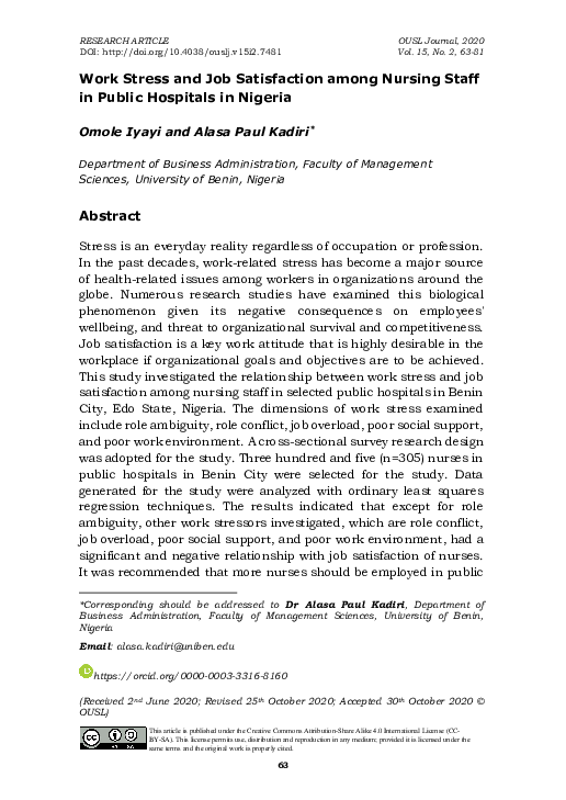 (PDF) Work Stress and Job Satisfaction among Nursing Staff in Public ...