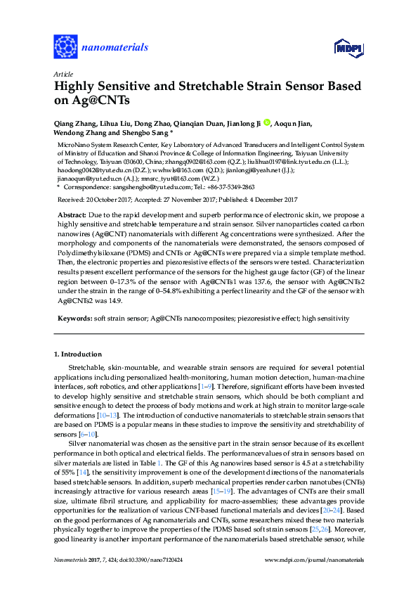 (PDF) Highly Sensitive and Stretchable Strain Sensor Based on Ag@CNTs