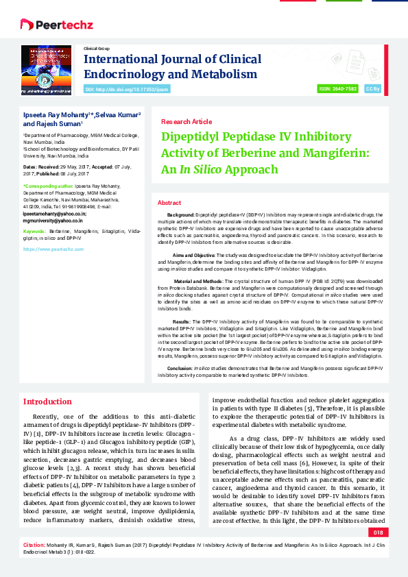 (PDF) Dipeptidyl Peptidase IV Inhibitory Activity of Berberine and ...