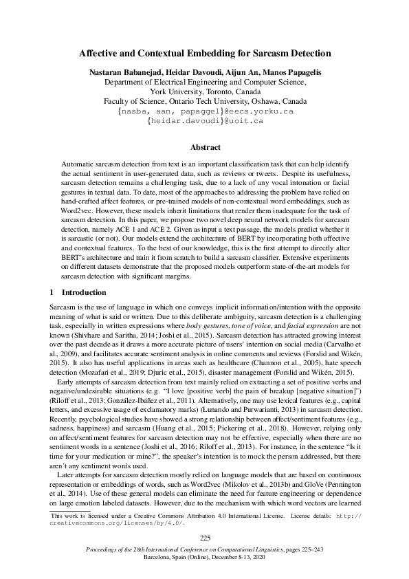 (PDF) Affective and Contextual Embedding for Sarcasm Detection