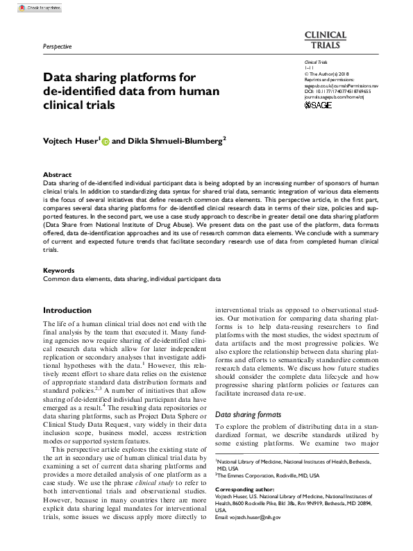 (PDF) Data sharing platforms for de-identified data from human clinical ...