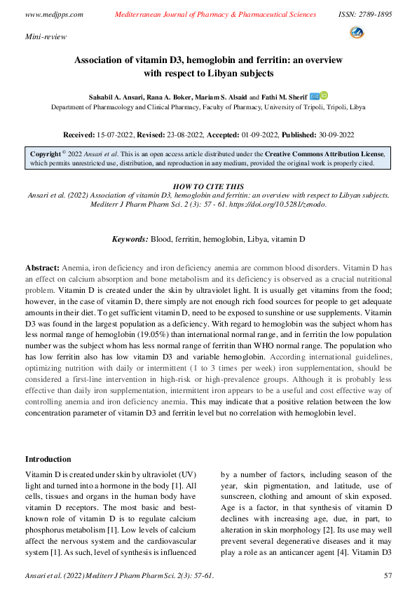 (PDF) Association of vitamin D3, hemoglobin and ferritin: an overview ...