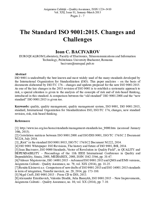 (PDF) The Standard ISO 9001:2015. Changes and Challenges