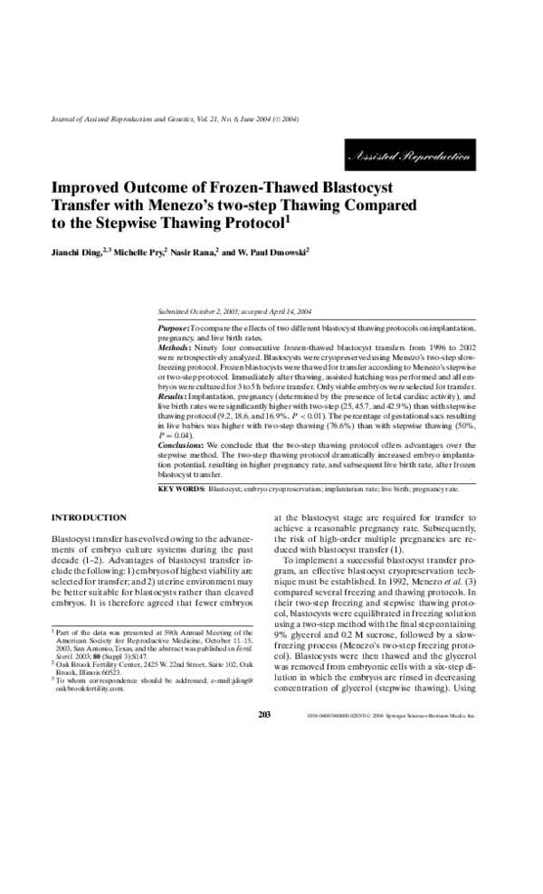 (PDF) Improved Outcome of Frozen-Thawed Blastocyst Transfer with Menezo ... - Frozen-Thawed Snake Ratio For Improved Swine Financial Decision-Making
