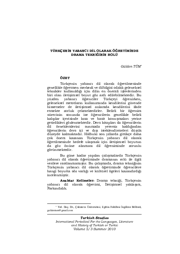 (PDF) The Role Of Drama Technique To Teach Turkish As A Foreign Language