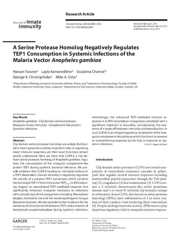A Serine Protease Homolog Negatively Regulates TEP1 Consumption in Systemic Infections of the Malaria Vector Anopheles gambiae