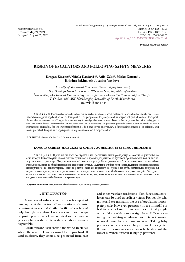 First page of “Design of Escalators and Following Safety Measures”