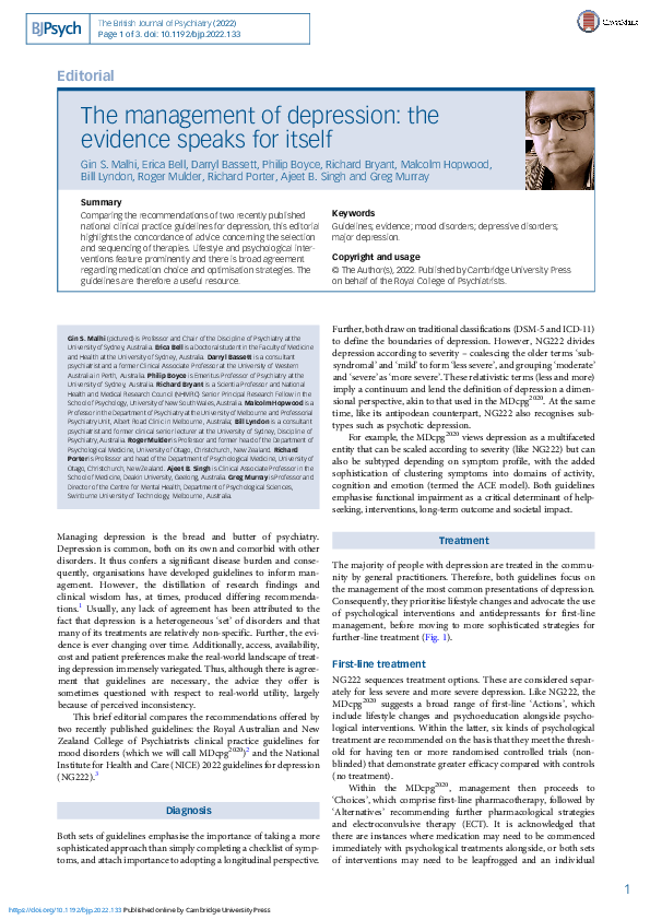 (PDF) The management of depression the evidence speaks for itself