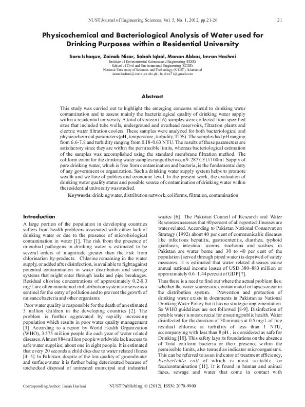 (PDF) Physicochemical and Bacteriological Analysis of Water used for ...