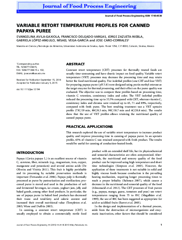 (PDF) Variable Retort Temperature Profiles for Canned Papaya Puree